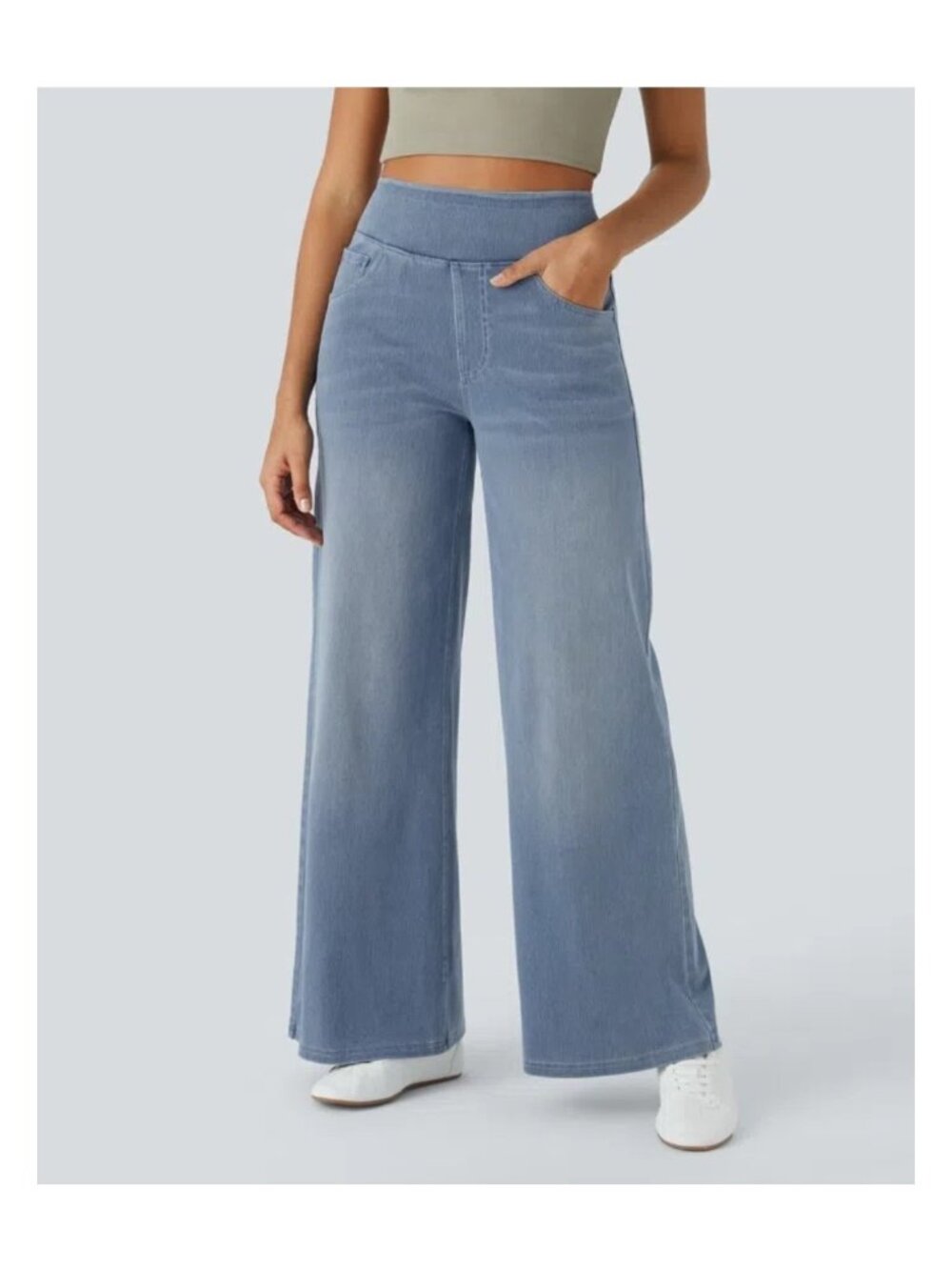 NWT Halara Medium Flex High Pull On Baggy Wide Leg Jeans Women's Grey Blue Denim
